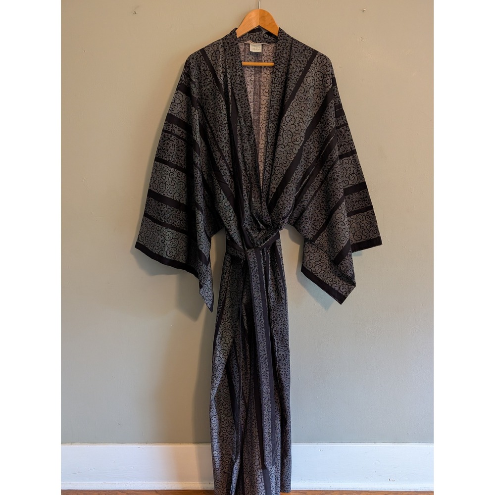 Vintage Japanese Kimono Robe Mens Black Grey Striped Scroll Print Yukata Japan
